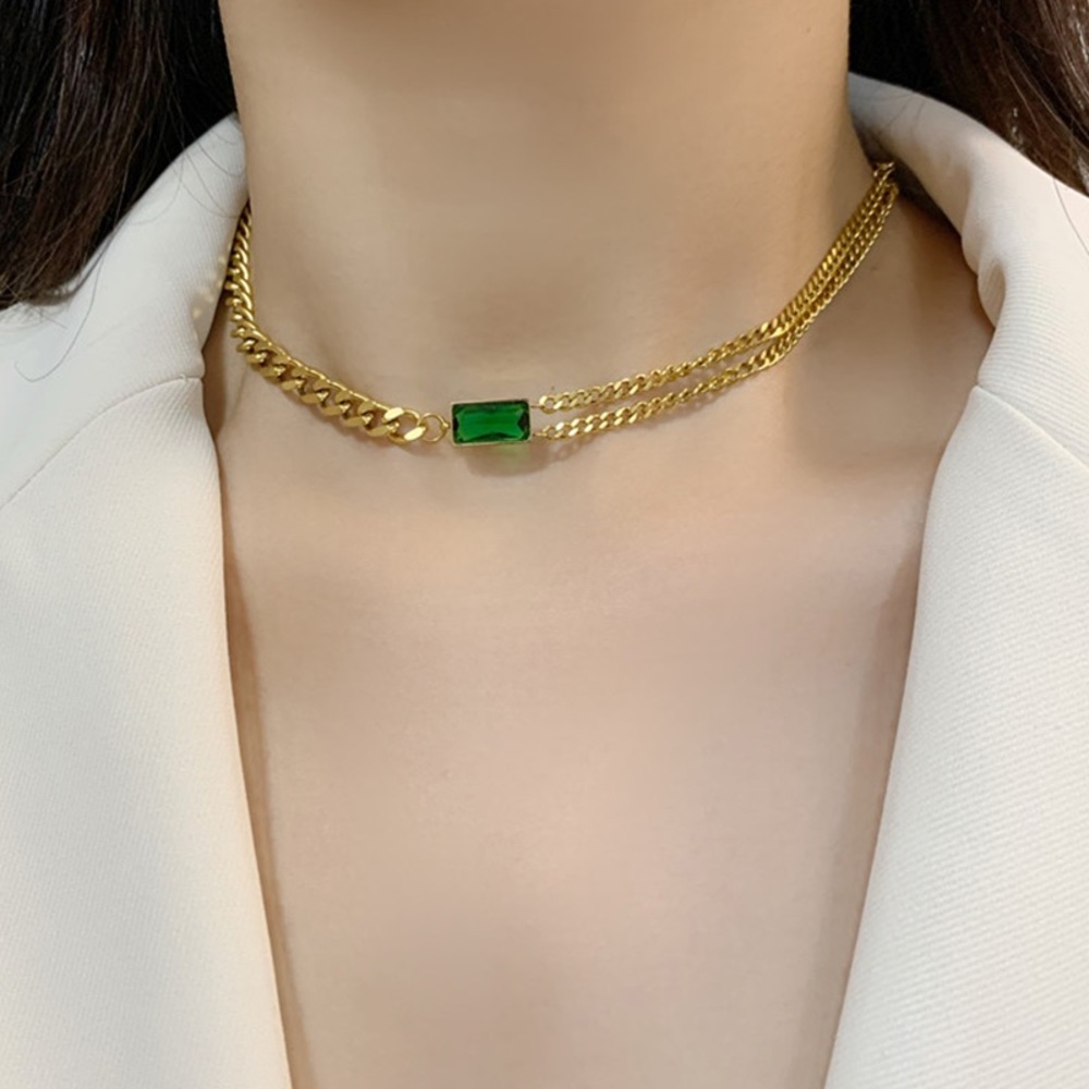 Gold Chain Choker Necklace with Green Gemstone